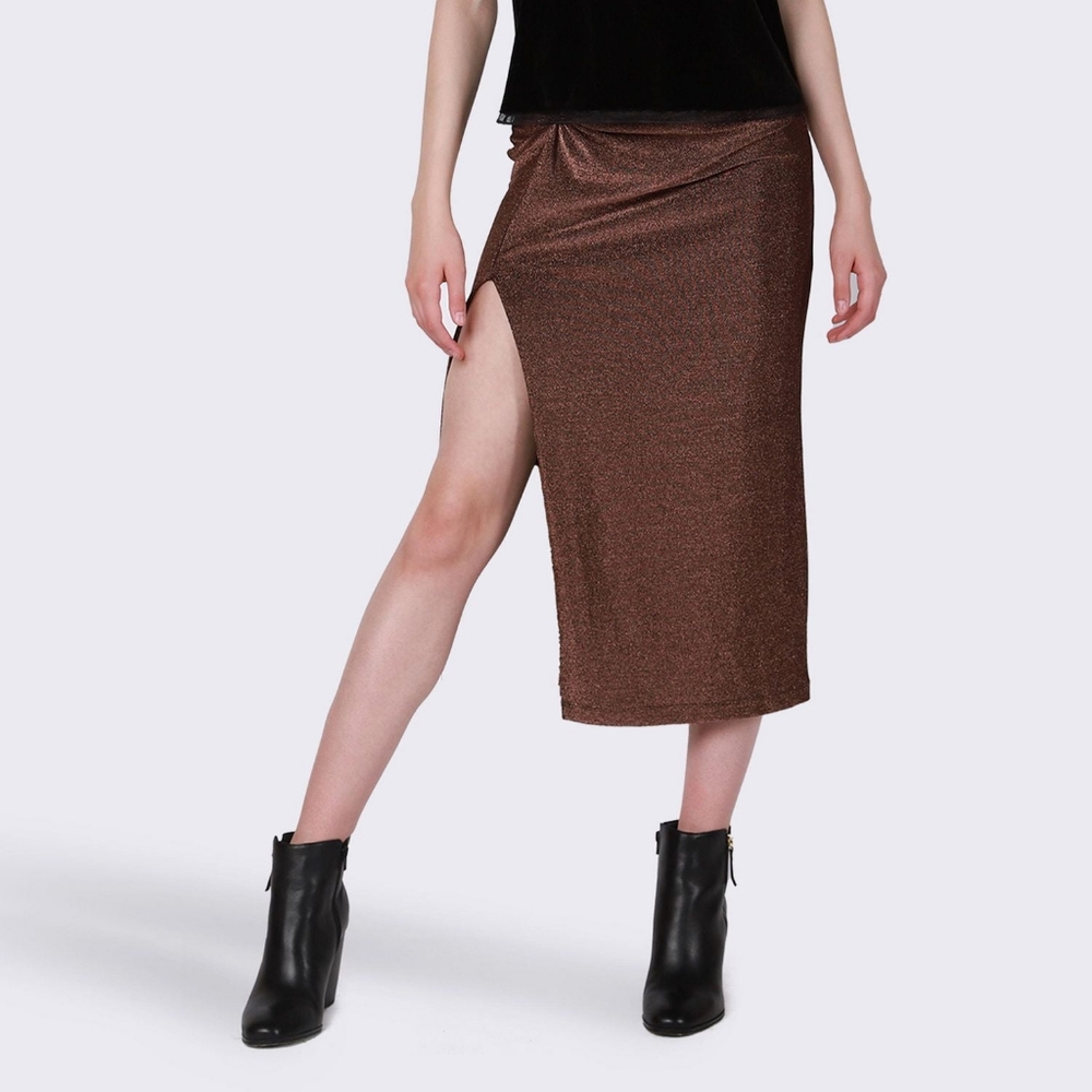 Black Tape_ Twist Detail Rose Gold Glitter Sparkle Skirt S
